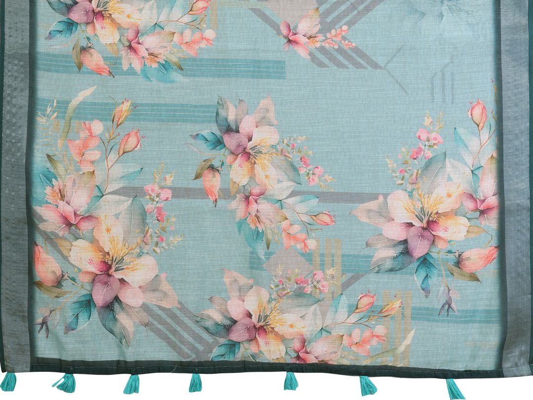 Teal Floral Linen Cotton Saree with Elegant Contrast Border