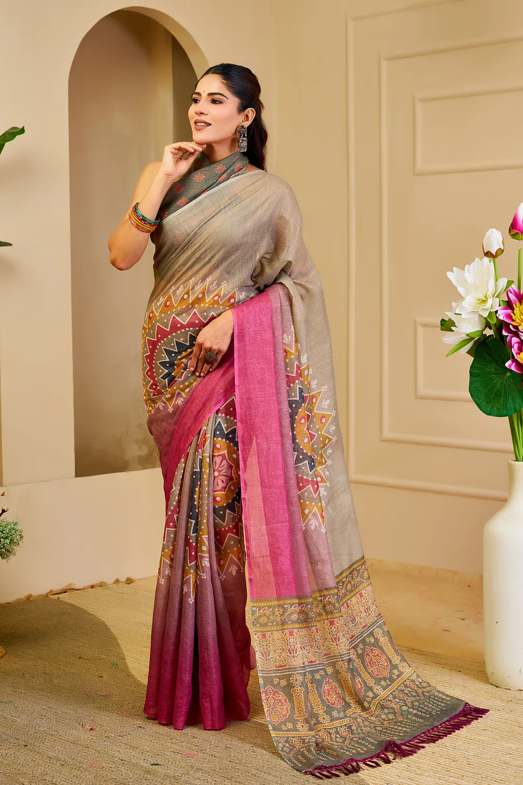 Teal Green Tissue Handloom Cotton Saree With Printed Pallu