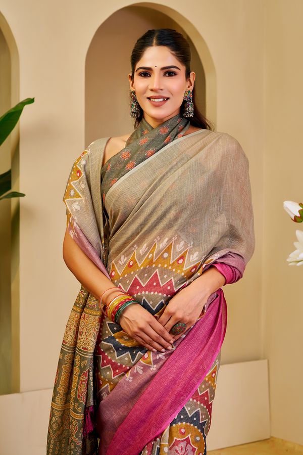 Teal Green Tissue Handloom Cotton Saree With Printed Pallu