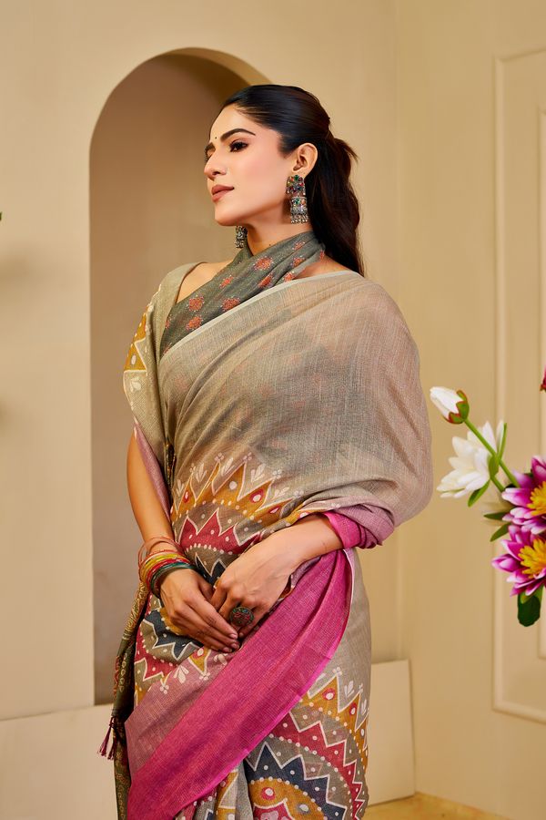 Teal Green Tissue Handloom Cotton Saree With Printed Pallu