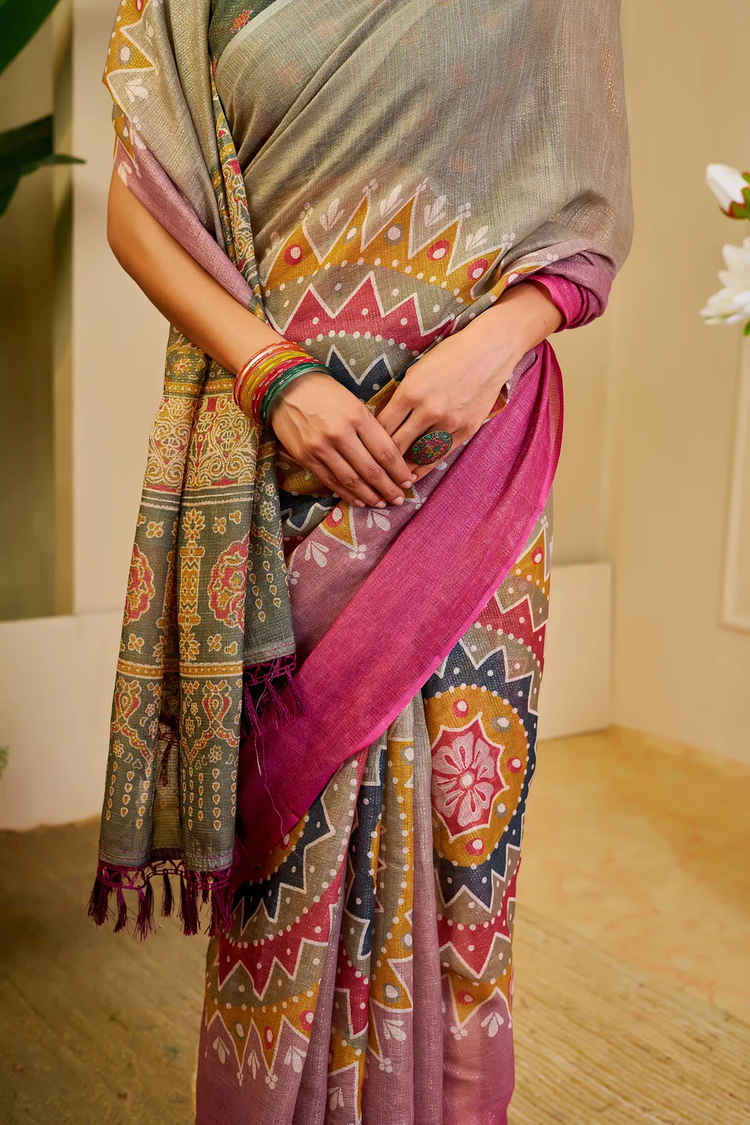 Teal Green Tissue Handloom Cotton Saree With Printed Pallu