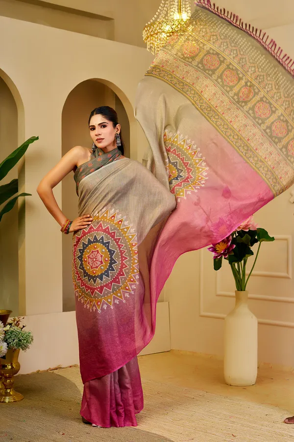 Teal Green Tissue Handloom Cotton Saree With Printed Pallu