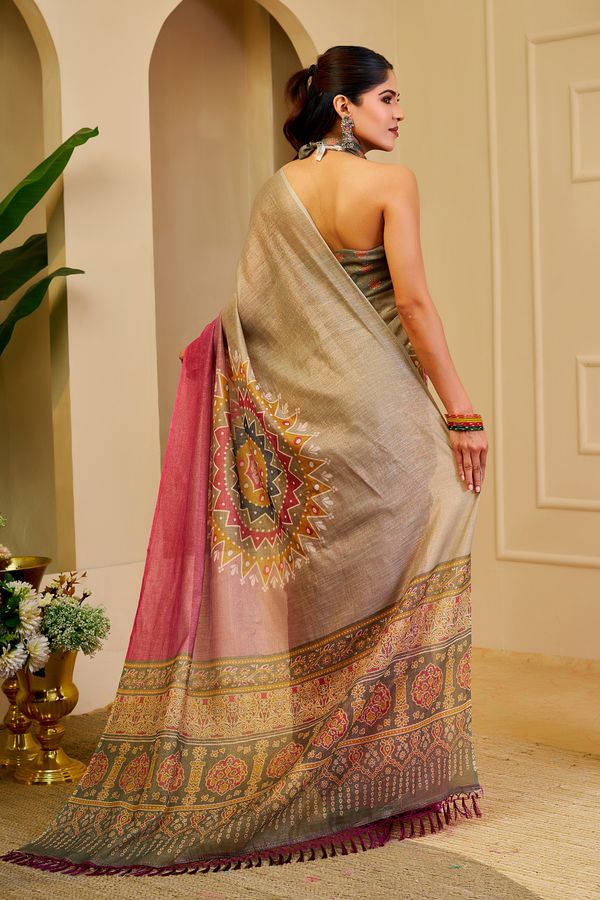 Teal Green Tissue Handloom Cotton Saree With Printed Pallu