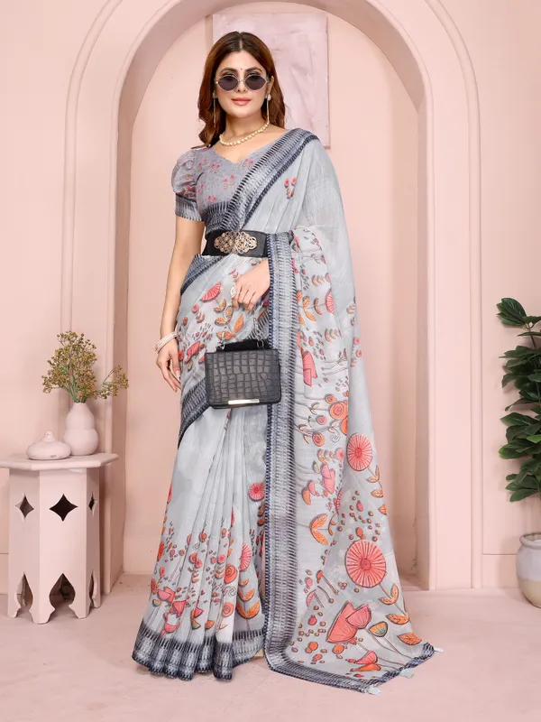 Grey Floral Linen Cotton Saree with Distinctive Blue Border