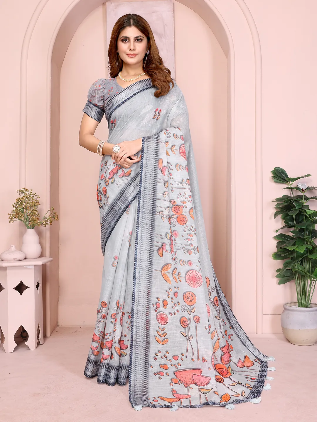 Grey Floral Linen Cotton Saree with Distinctive Blue Border