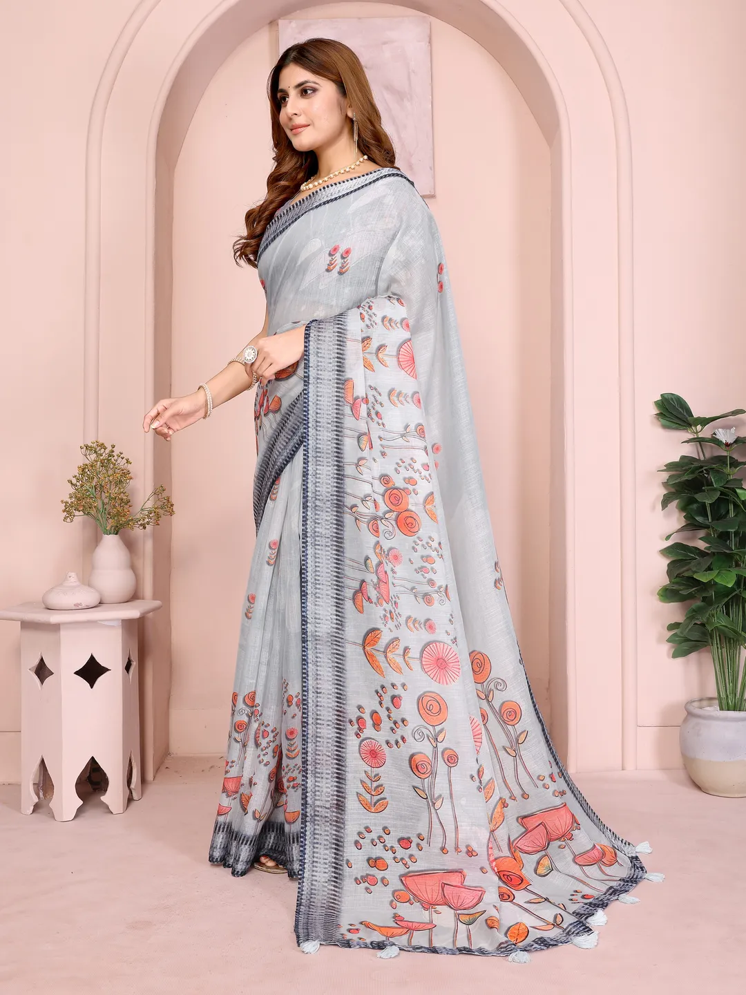 Grey Floral Linen Cotton Saree with Distinctive Blue Border