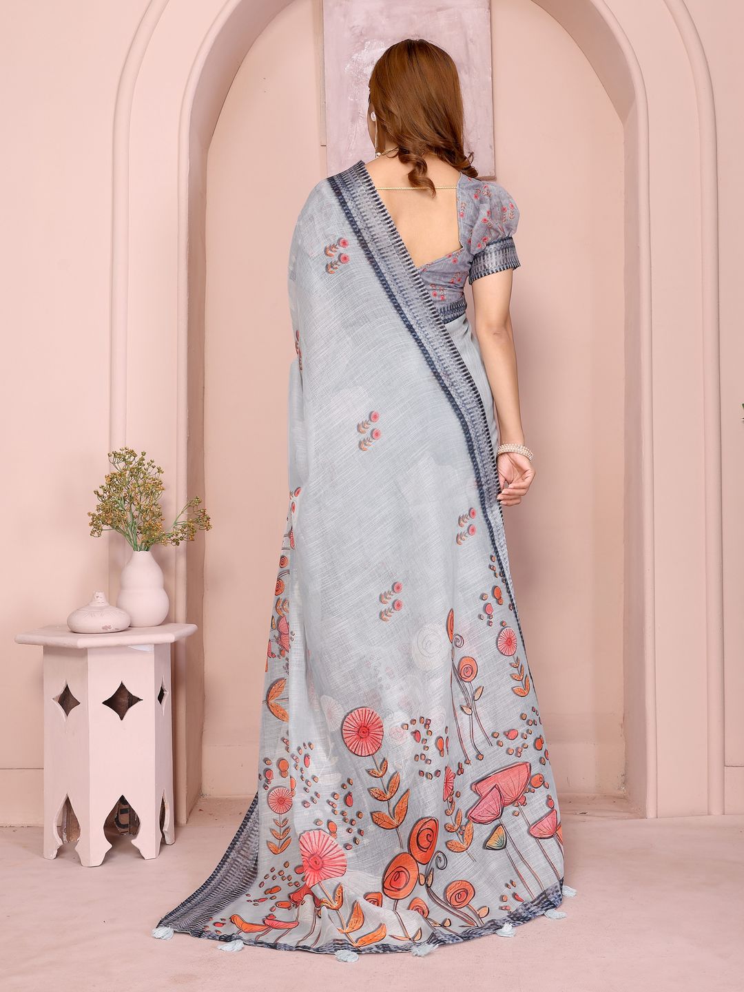 Grey Floral Linen Cotton Saree with Distinctive Blue Border