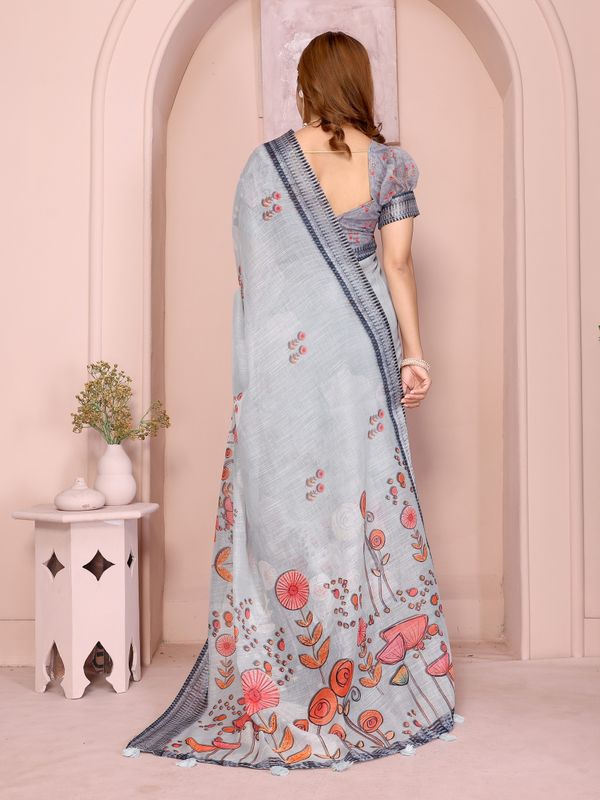 Grey Floral Linen Cotton Saree with Distinctive Blue Border