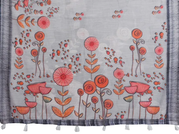 Grey Floral Linen Cotton Saree with Distinctive Blue Border