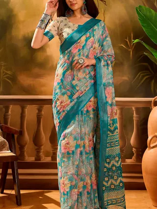 Aqua Blue Floral Linen Cotton Saree with Contrast Blue Edge
