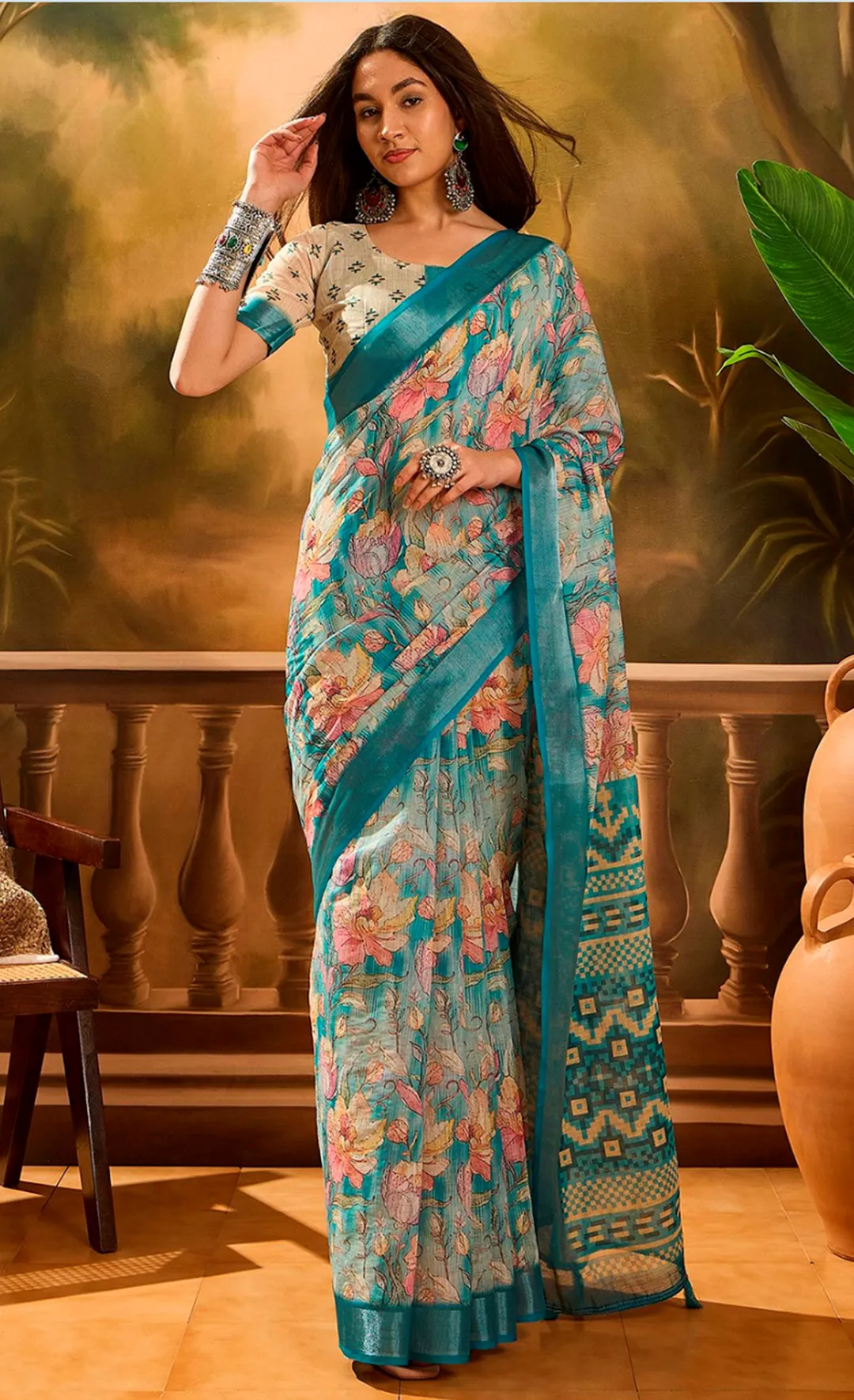 Aqua Blue Floral Linen Cotton Saree with Contrast Blue Edge