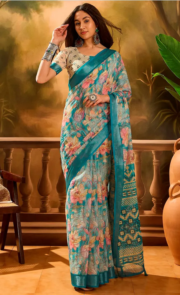 Aqua Blue Floral Linen Cotton Saree with Contrast Blue Edge