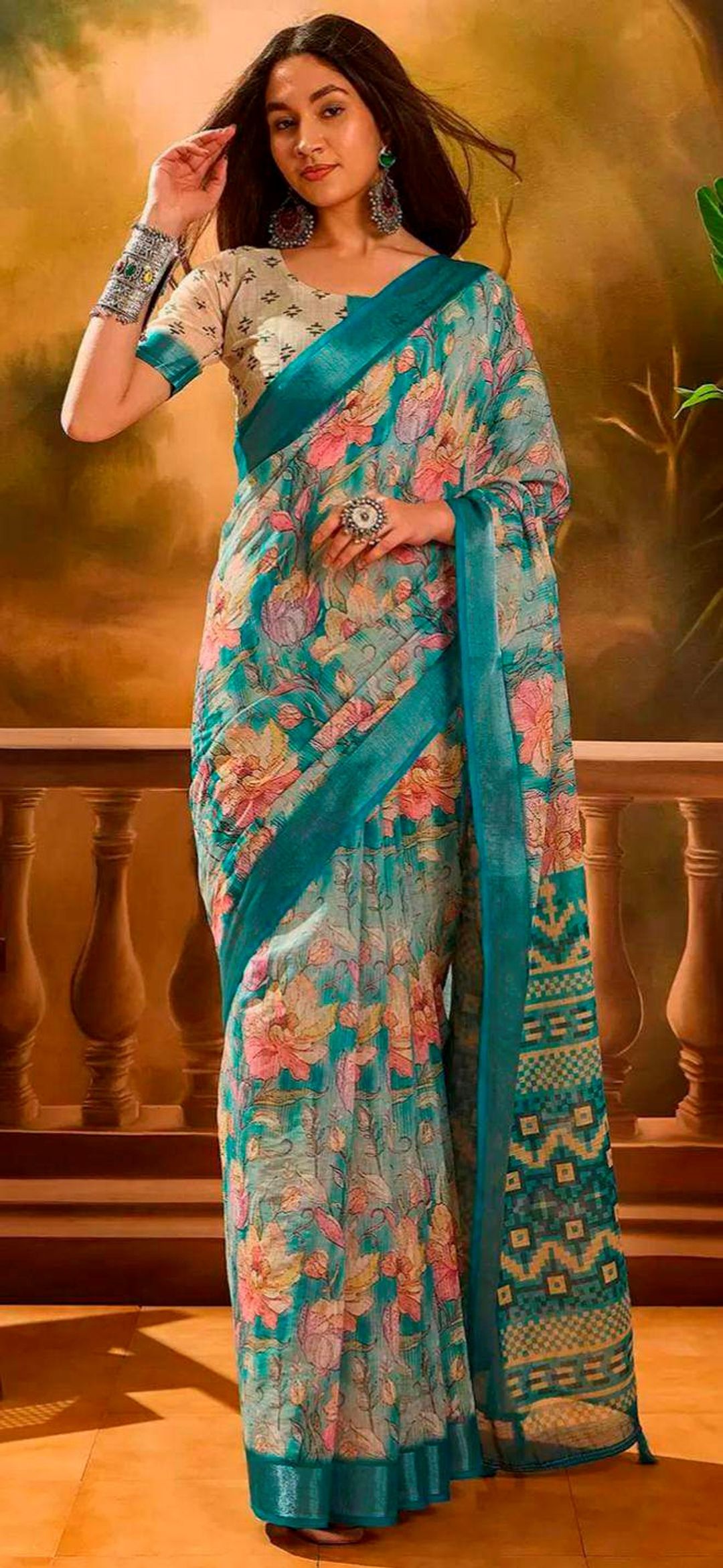 Aqua Blue Floral Linen Cotton Saree with Contrast Blue Edge