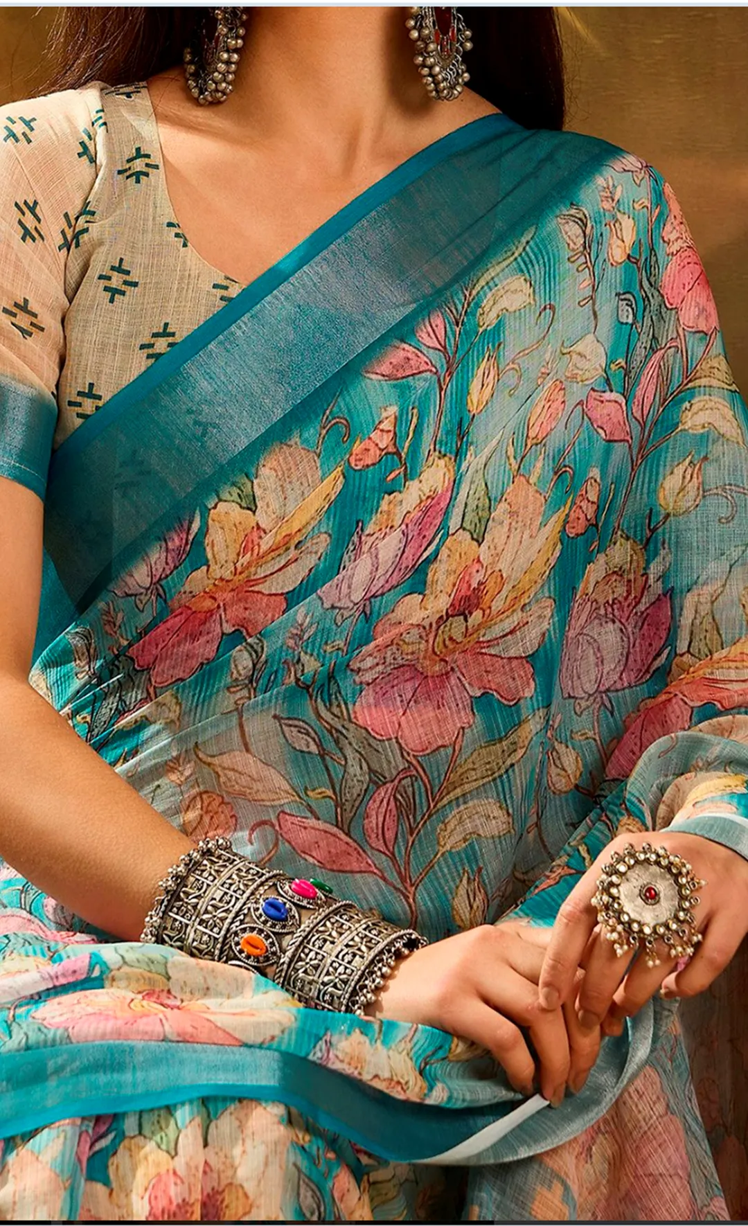 Aqua Blue Floral Linen Cotton Saree with Contrast Blue Edge