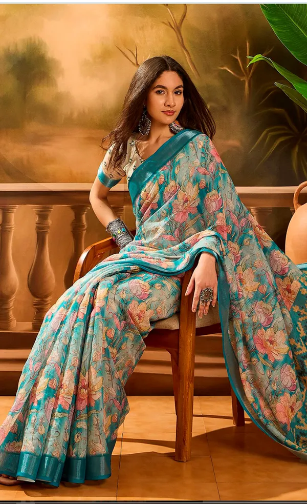 Aqua Blue Floral Linen Cotton Saree with Contrast Blue Edge