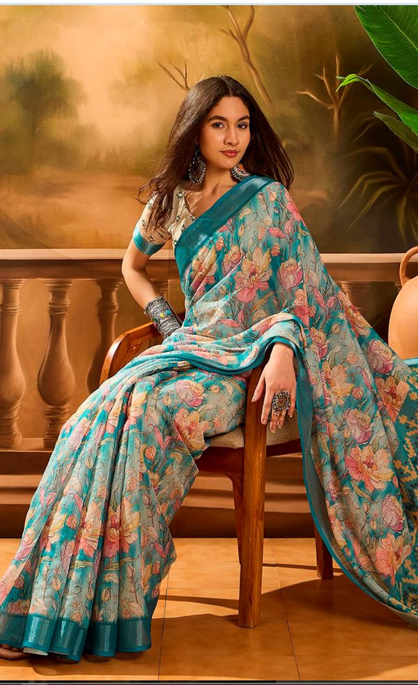 Aqua Blue Floral Linen Cotton Saree with Contrast Blue Edge