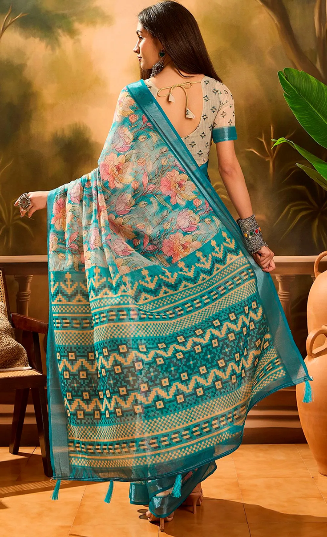 Aqua Blue Floral Linen Cotton Saree with Contrast Blue Edge