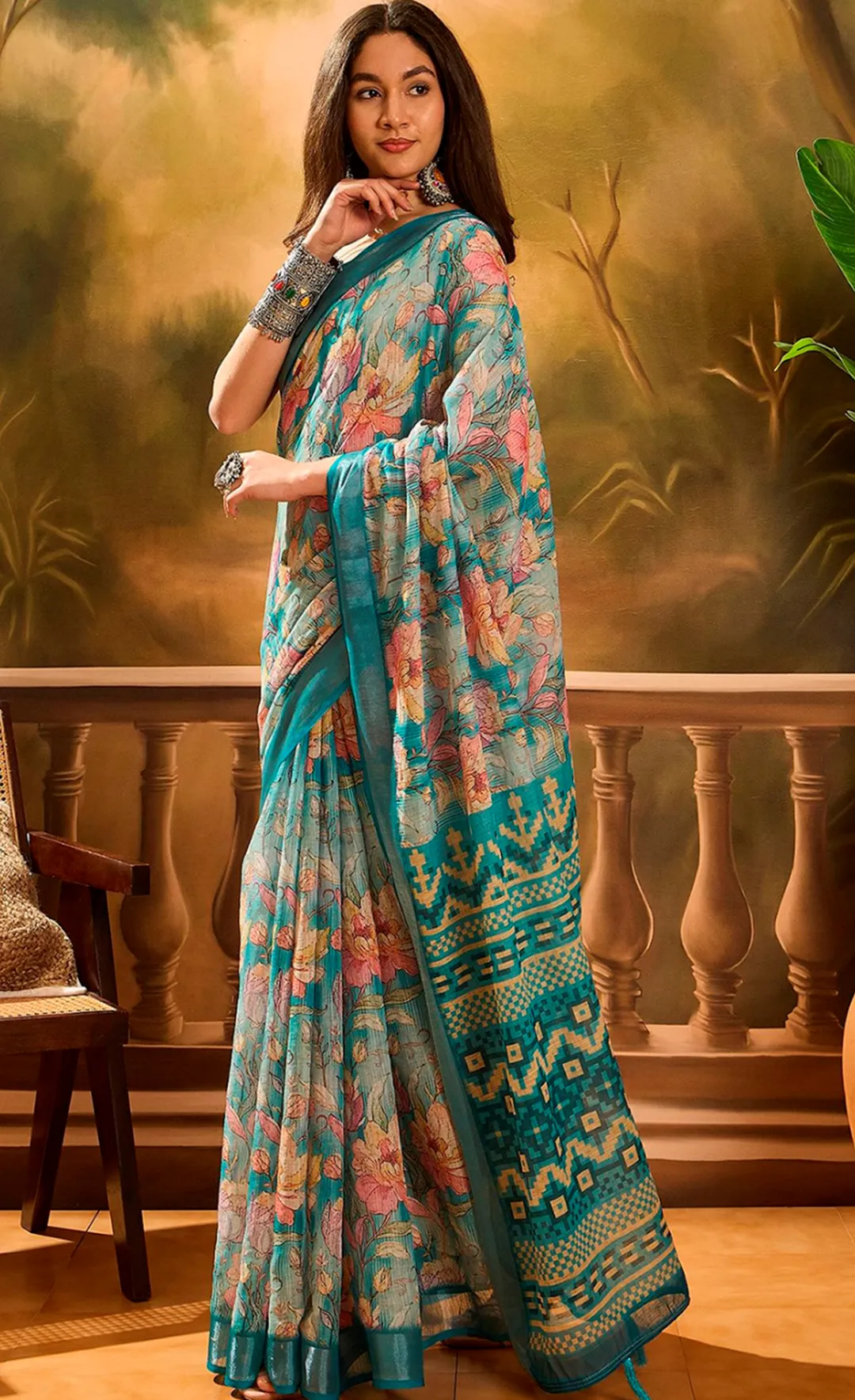 Aqua Blue Floral Linen Cotton Saree with Contrast Blue Edge