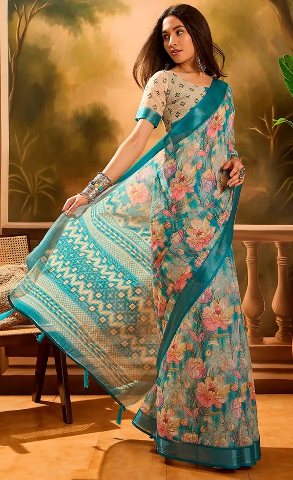 Aqua Blue Floral Linen Cotton Saree with Contrast Blue Edge
