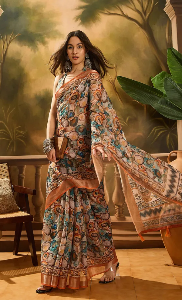 Peach Floral Linen Cotton Saree with Statement Blue Border!