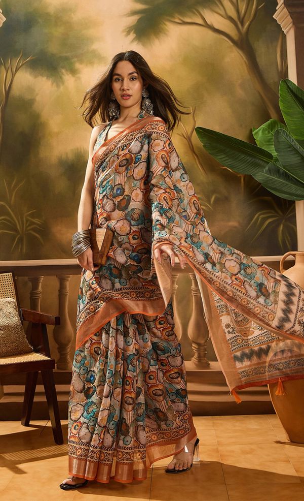 Peach Floral Linen Cotton Saree with Statement Blue Border!