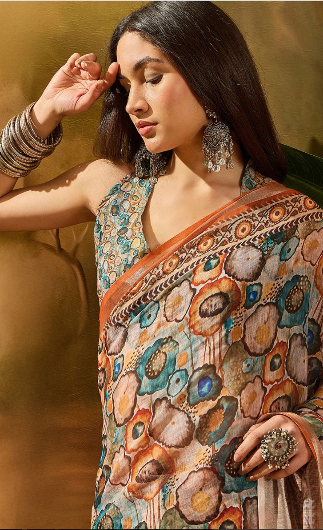 Peach Floral Linen Cotton Saree with Statement Blue Border!