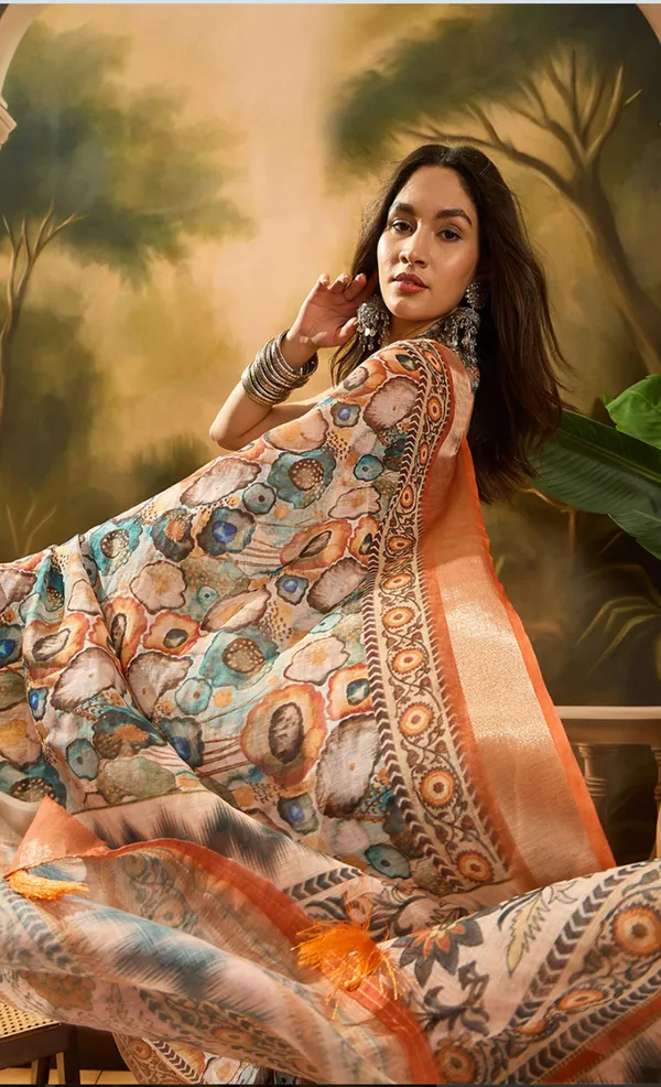 Peach Floral Linen Cotton Saree with Statement Blue Border!
