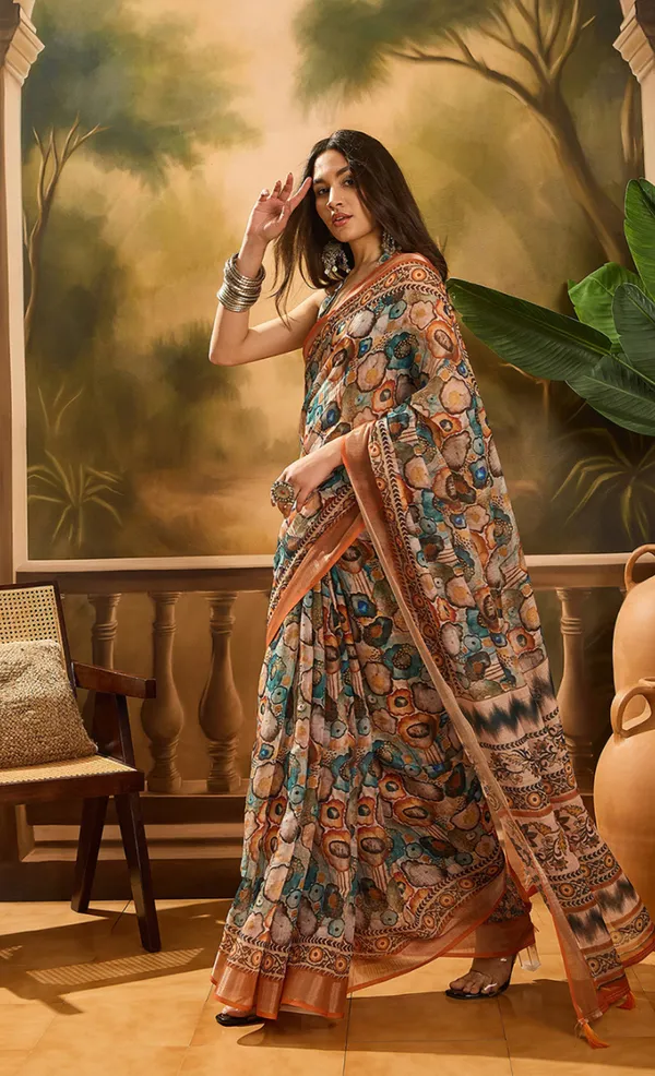 Peach Floral Linen Cotton Saree with Statement Blue Border!