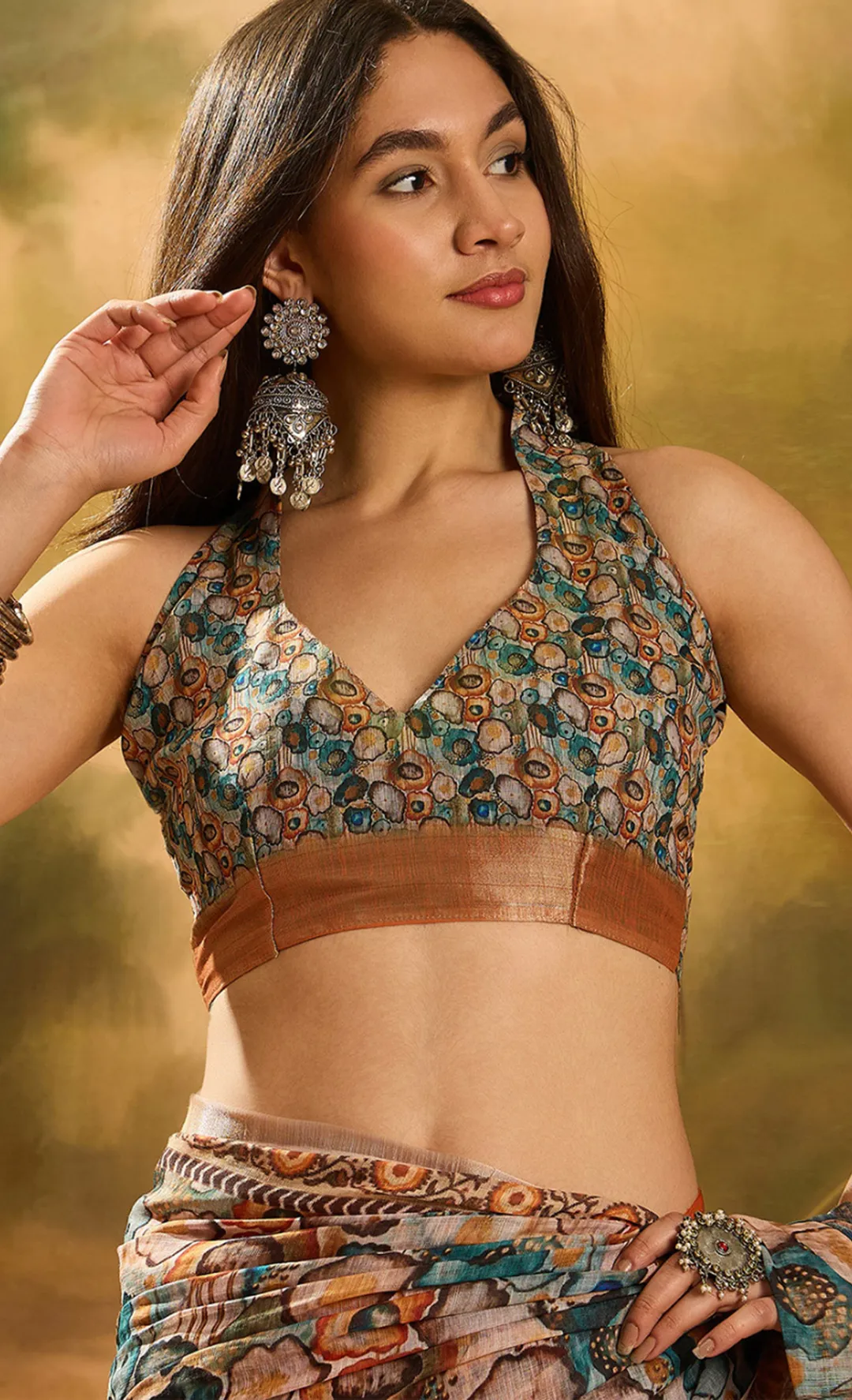 Peach Floral Linen Cotton Saree with Statement Blue Border!