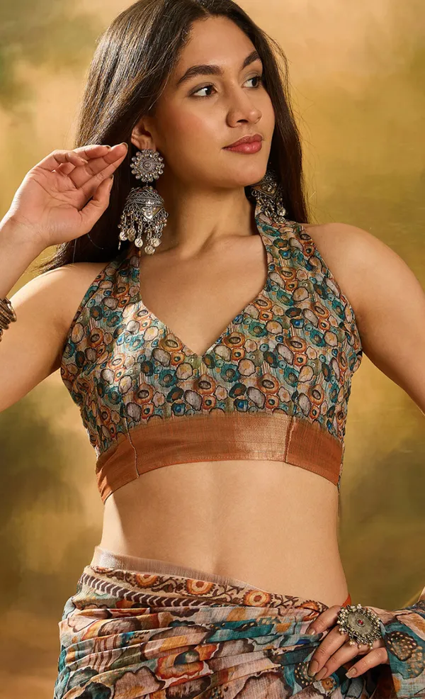 Peach Floral Linen Cotton Saree with Statement Blue Border!