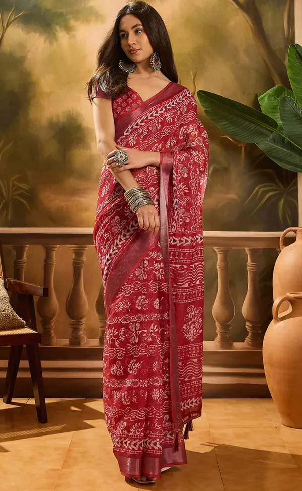 Red Floral Linen Cotton Saree with Beautiful Printed Border