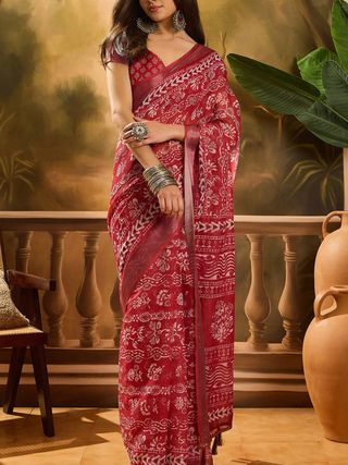 Red Floral Linen Cotton Saree with Beautiful Printed Border