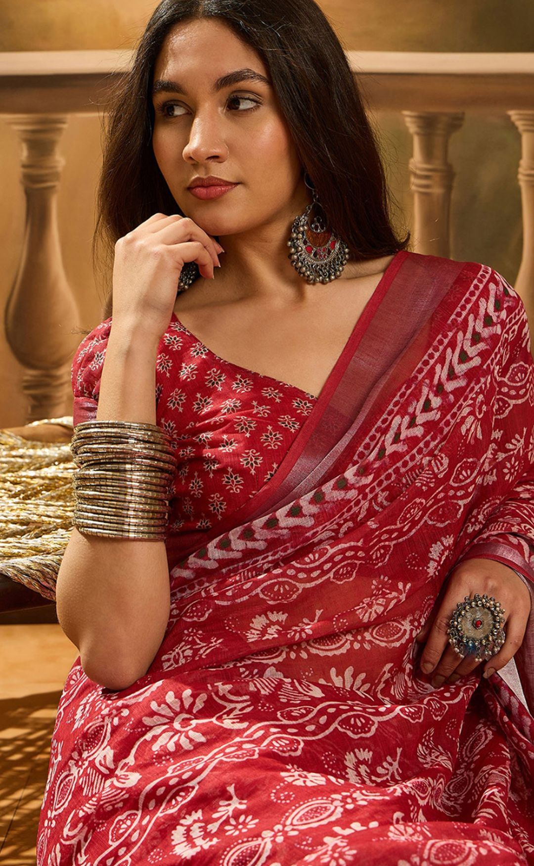 Red Floral Linen Cotton Saree with Beautiful Printed Border
