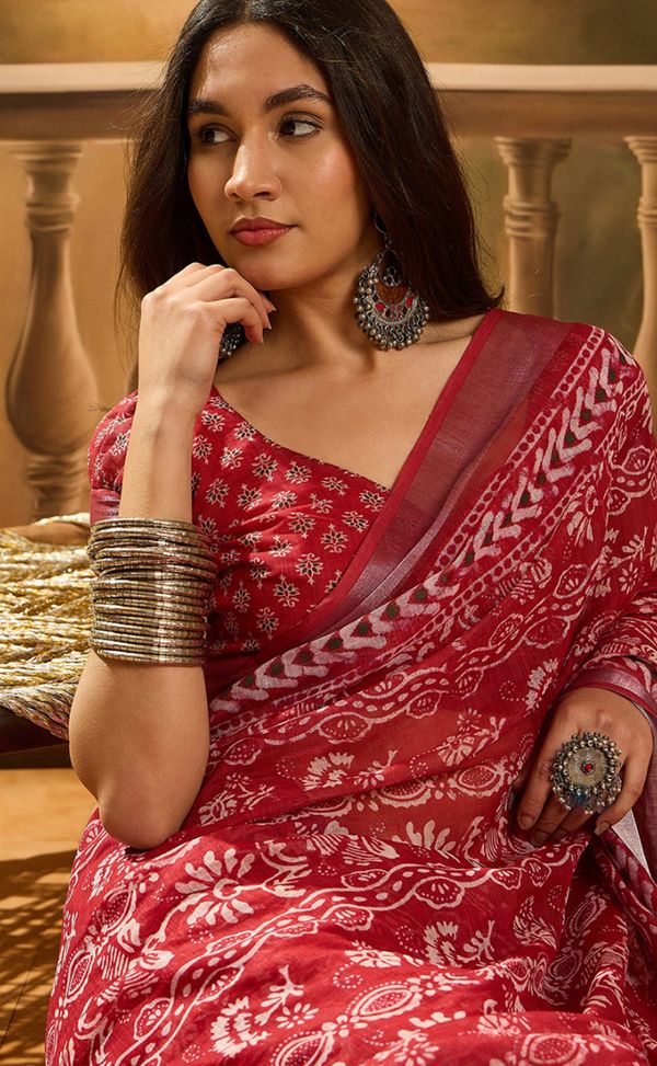 Red Floral Linen Cotton Saree with Beautiful Printed Border