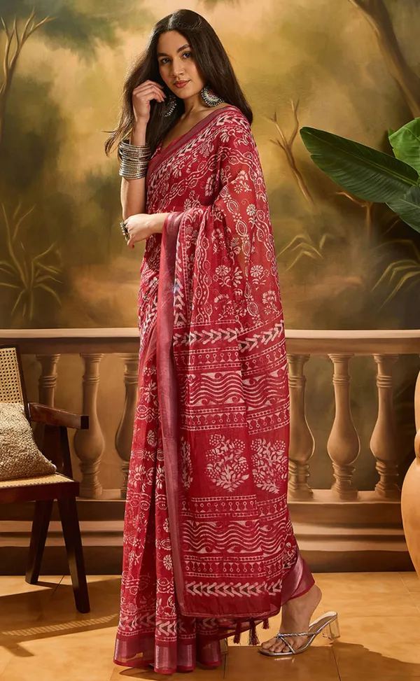 Red Floral Linen Cotton Saree with Beautiful Printed Border
