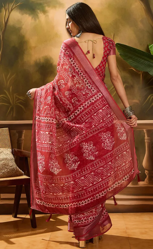 Red Floral Linen Cotton Saree with Beautiful Printed Border