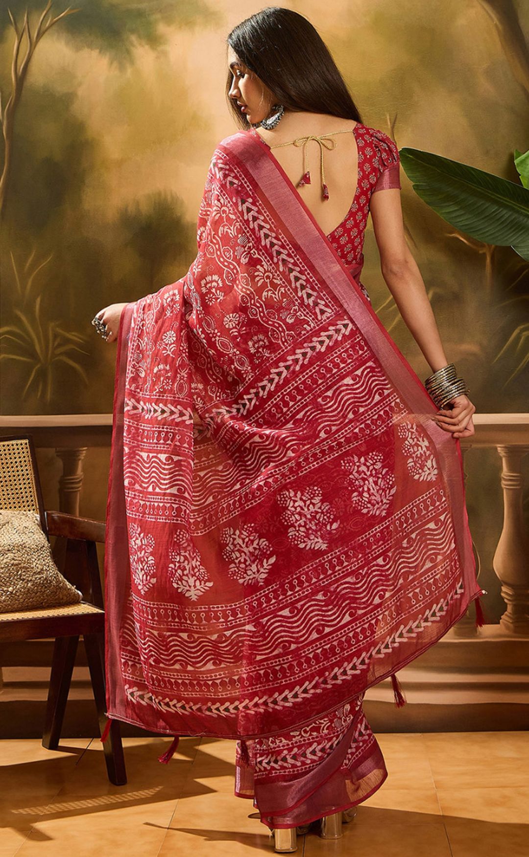 Red Floral Linen Cotton Saree with Beautiful Printed Border