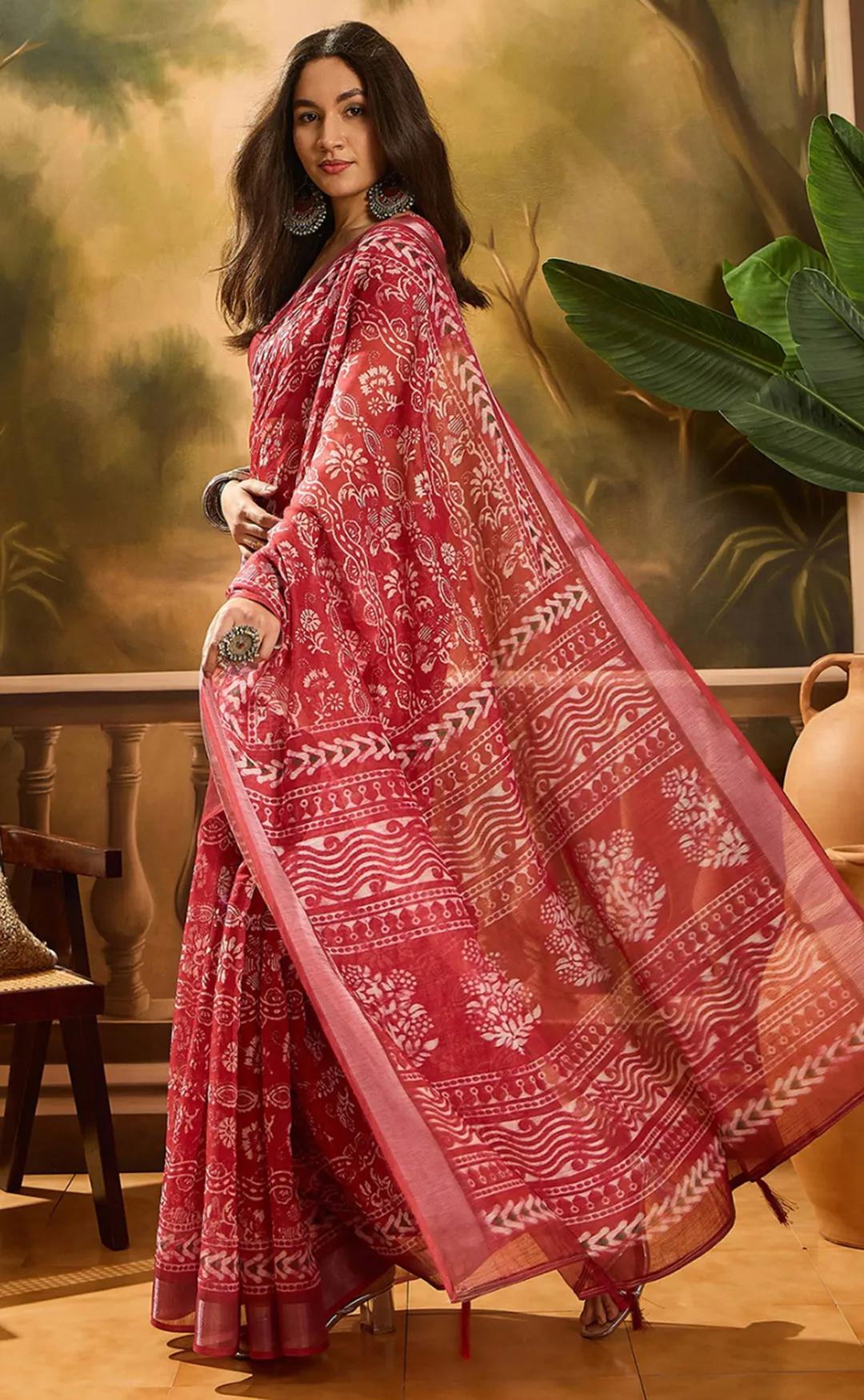 Red Floral Linen Cotton Saree with Beautiful Printed Border
