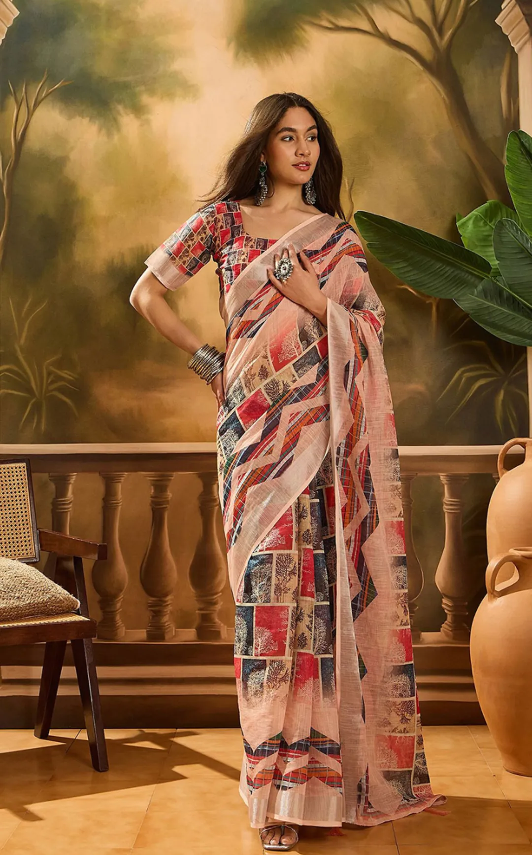 Red Floral Linen Cotton Saree with Beautiful Printed Border
