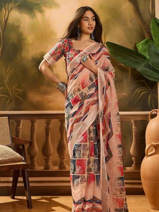 Red Floral Linen Cotton Saree with Beautiful Printed Border