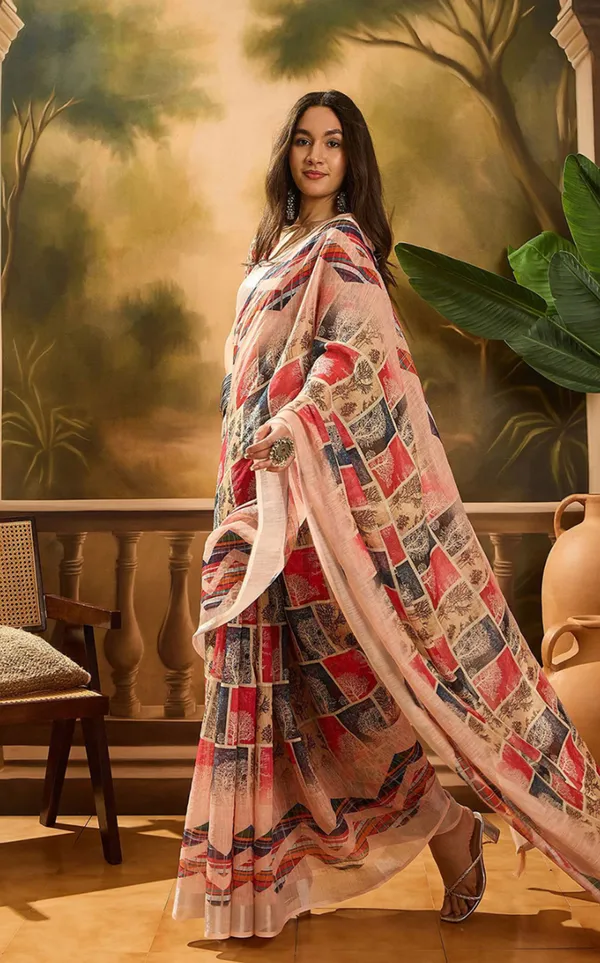 Red Floral Linen Cotton Saree with Beautiful Printed Border