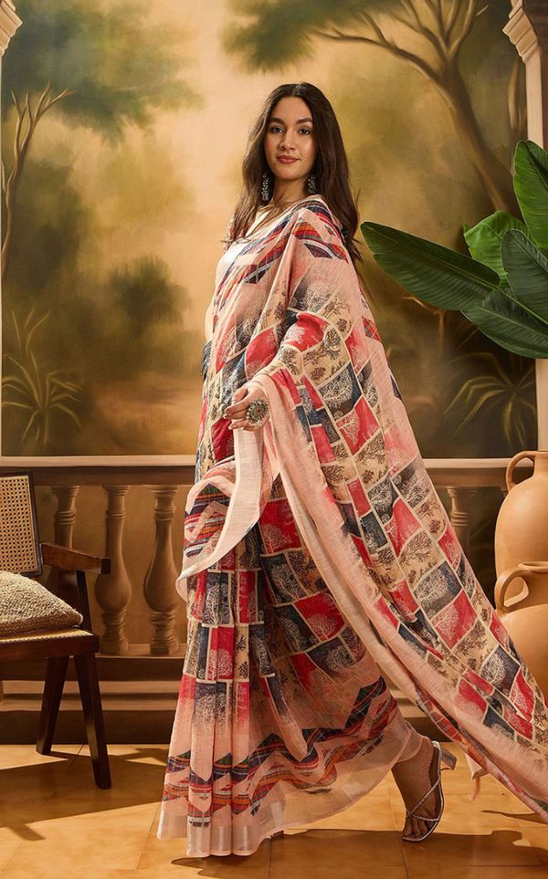 Red Floral Linen Cotton Saree with Beautiful Printed Border