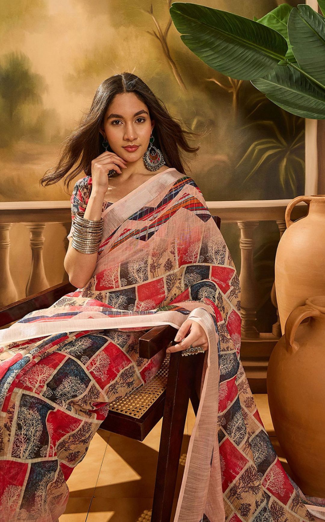 Red Floral Linen Cotton Saree with Beautiful Printed Border