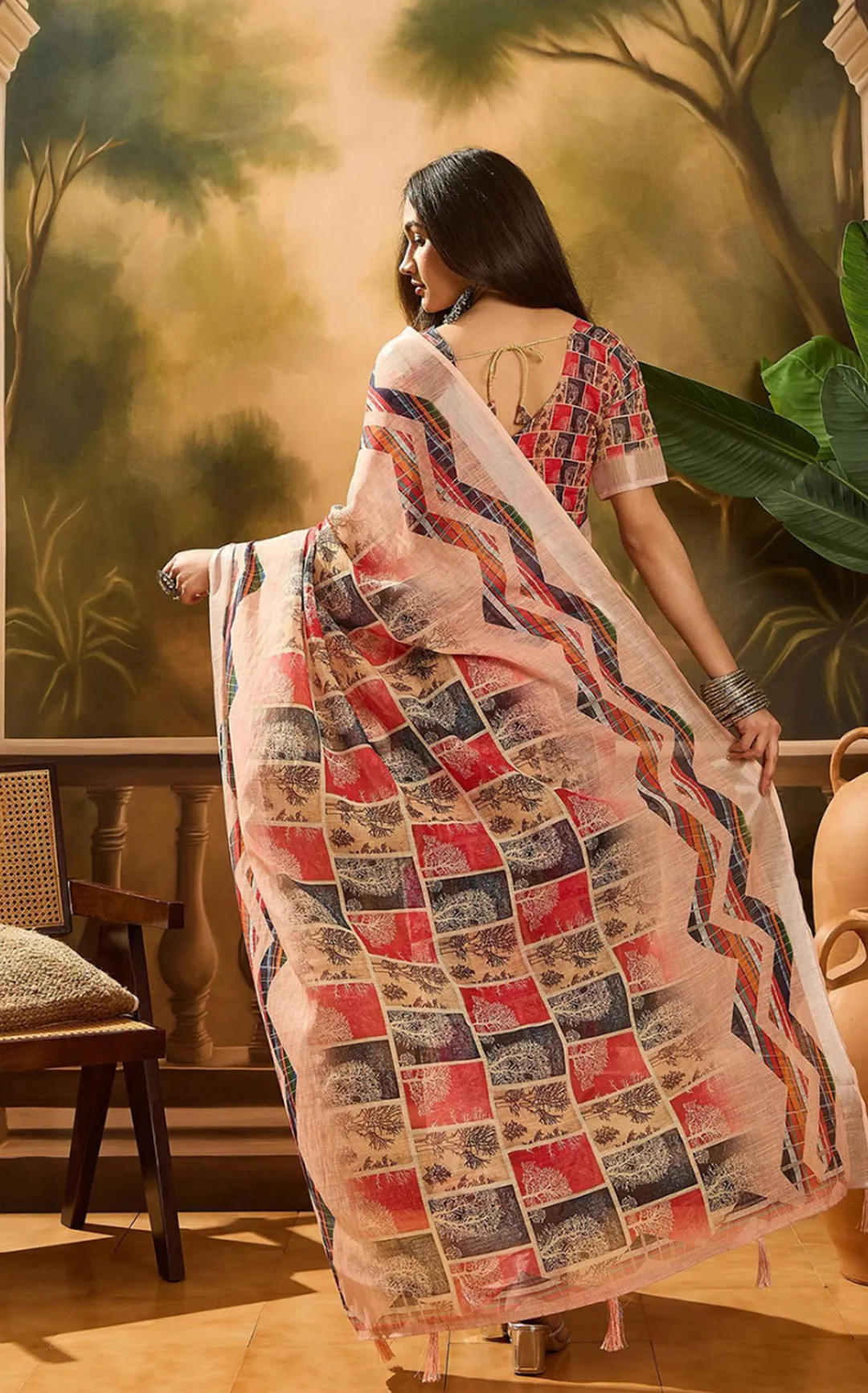 Red Floral Linen Cotton Saree with Beautiful Printed Border