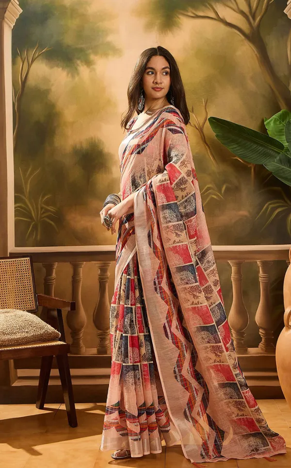 Red Floral Linen Cotton Saree with Beautiful Printed Border