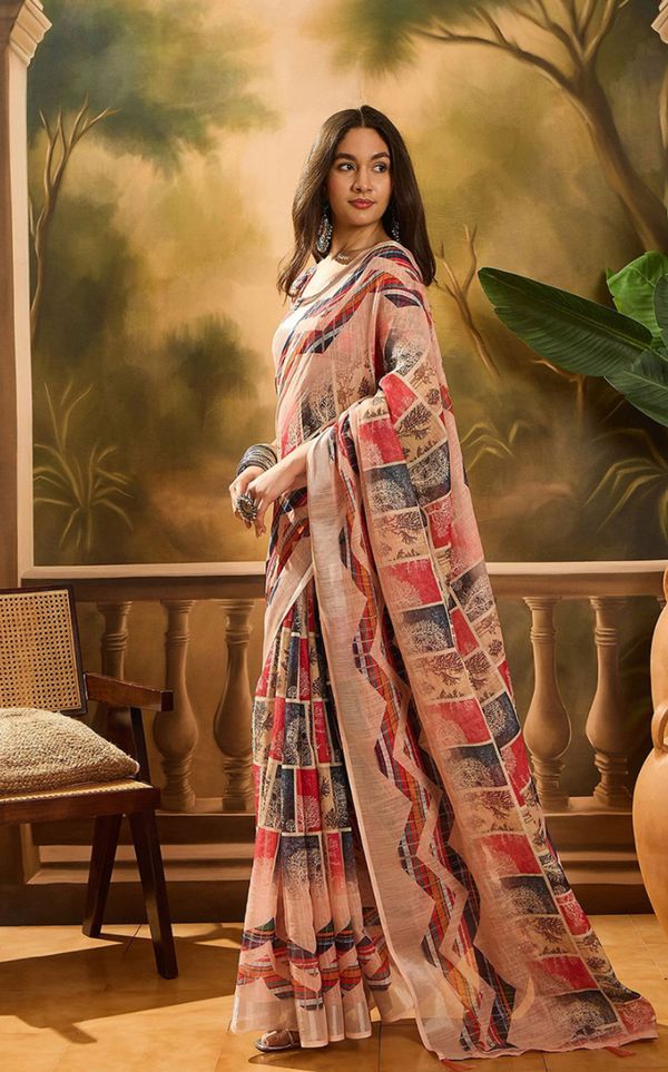 Red Floral Linen Cotton Saree with Beautiful Printed Border
