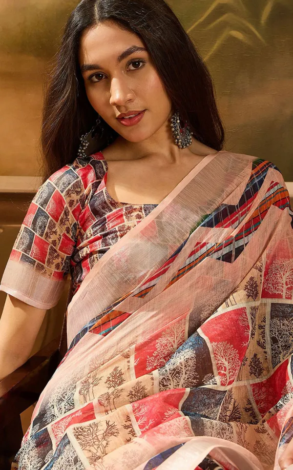 Red Floral Linen Cotton Saree with Beautiful Printed Border