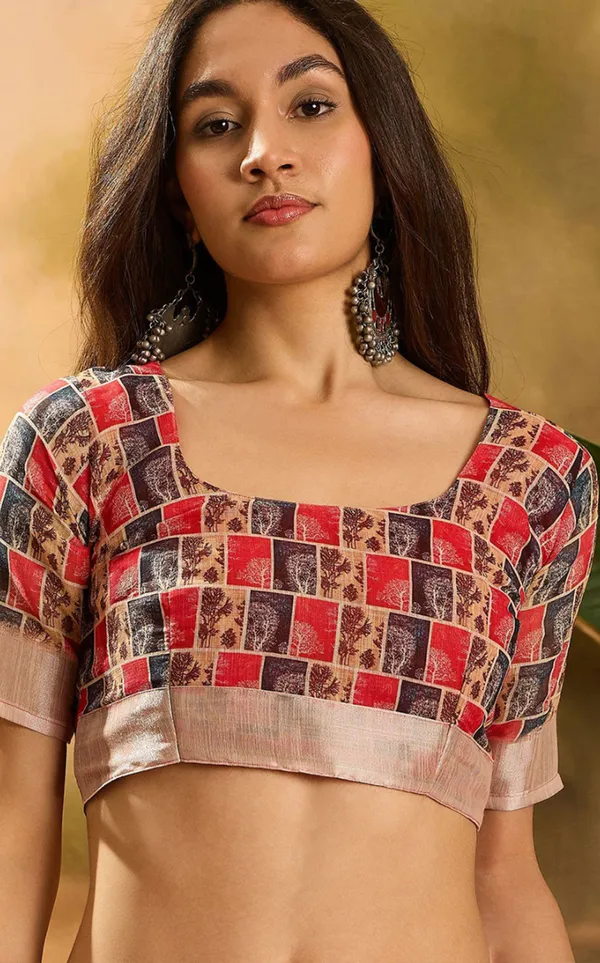 Red Floral Linen Cotton Saree with Beautiful Printed Border