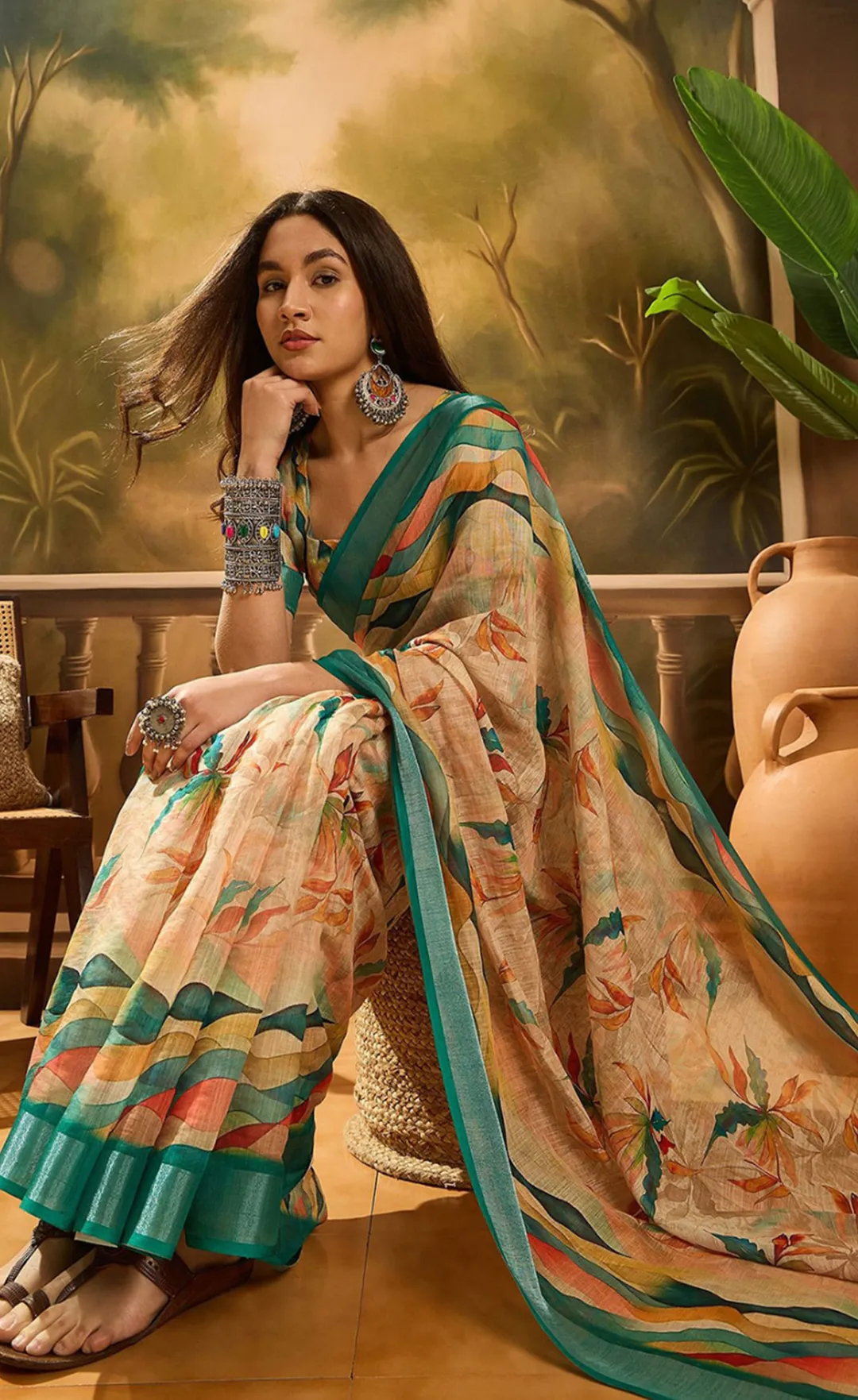 Peach Floral Linen Cotton Saree with Blue Border for Ladies