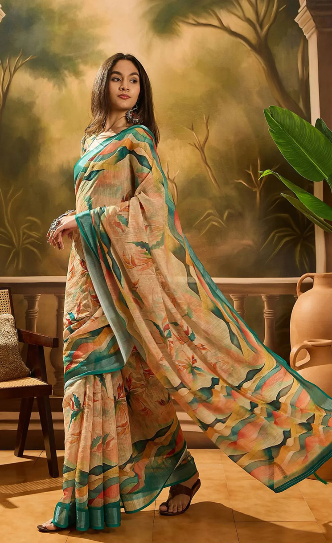 Peach Floral Linen Cotton Saree with Blue Border for Ladies